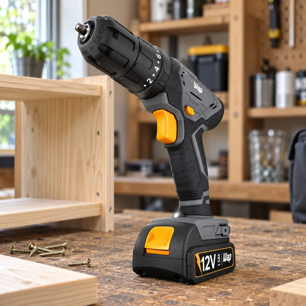 WAP WF 12K4.2 cinza com detalhe laranja na bancada, perto de uma prateleira de pinus montada