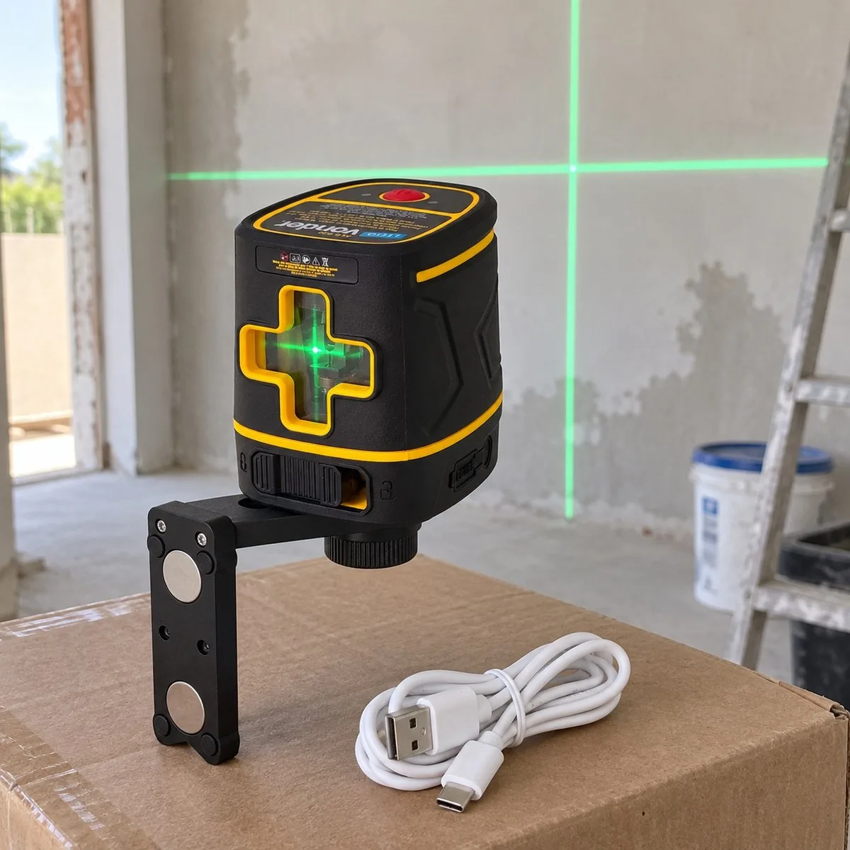 Nível Vonder com cruz verde na parede, apoiado no suporte de ímãs sobre uma caixa de papelão, ao lado do cabo USB